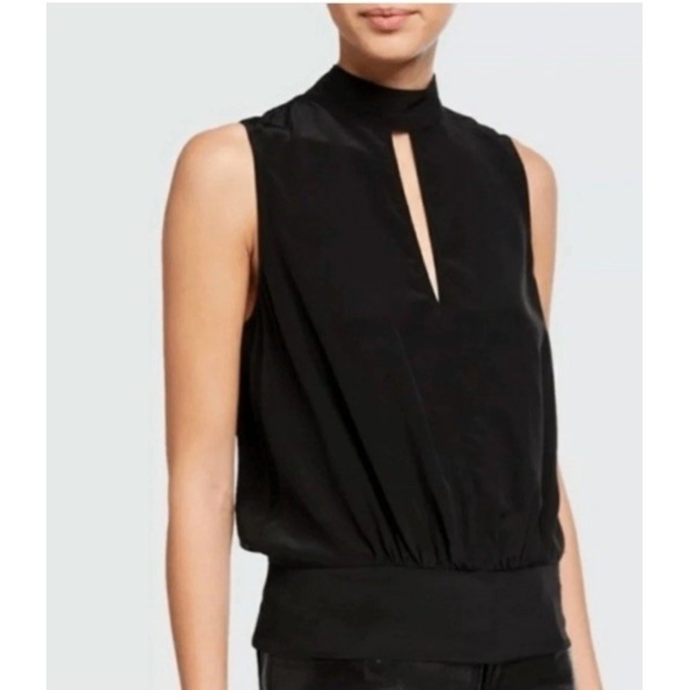 Frame Silk Sleeveless Mock Neck Blouse XS Luxe Minimalist Layer Keyhole Ruched